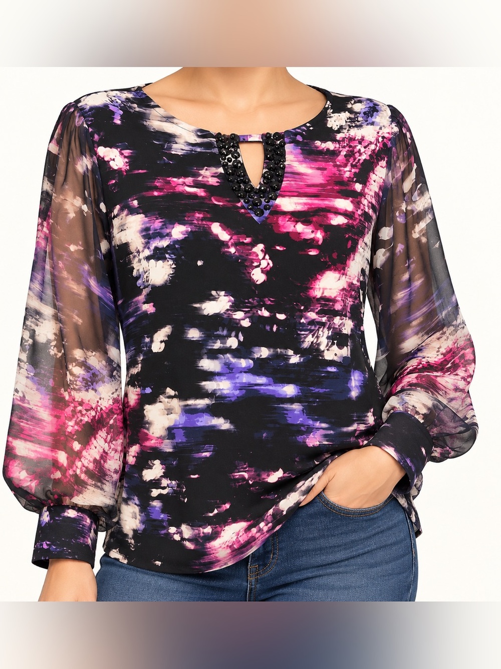 Alfani Black Abstract  Beaded Keyhole Blouse with Purple & Pink Accents Petite M